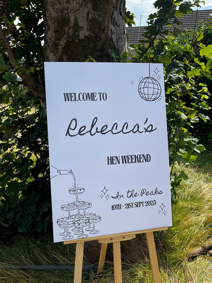 Personalised Printed Hen Party Welcome Sign: Disco Ball Champagne Design