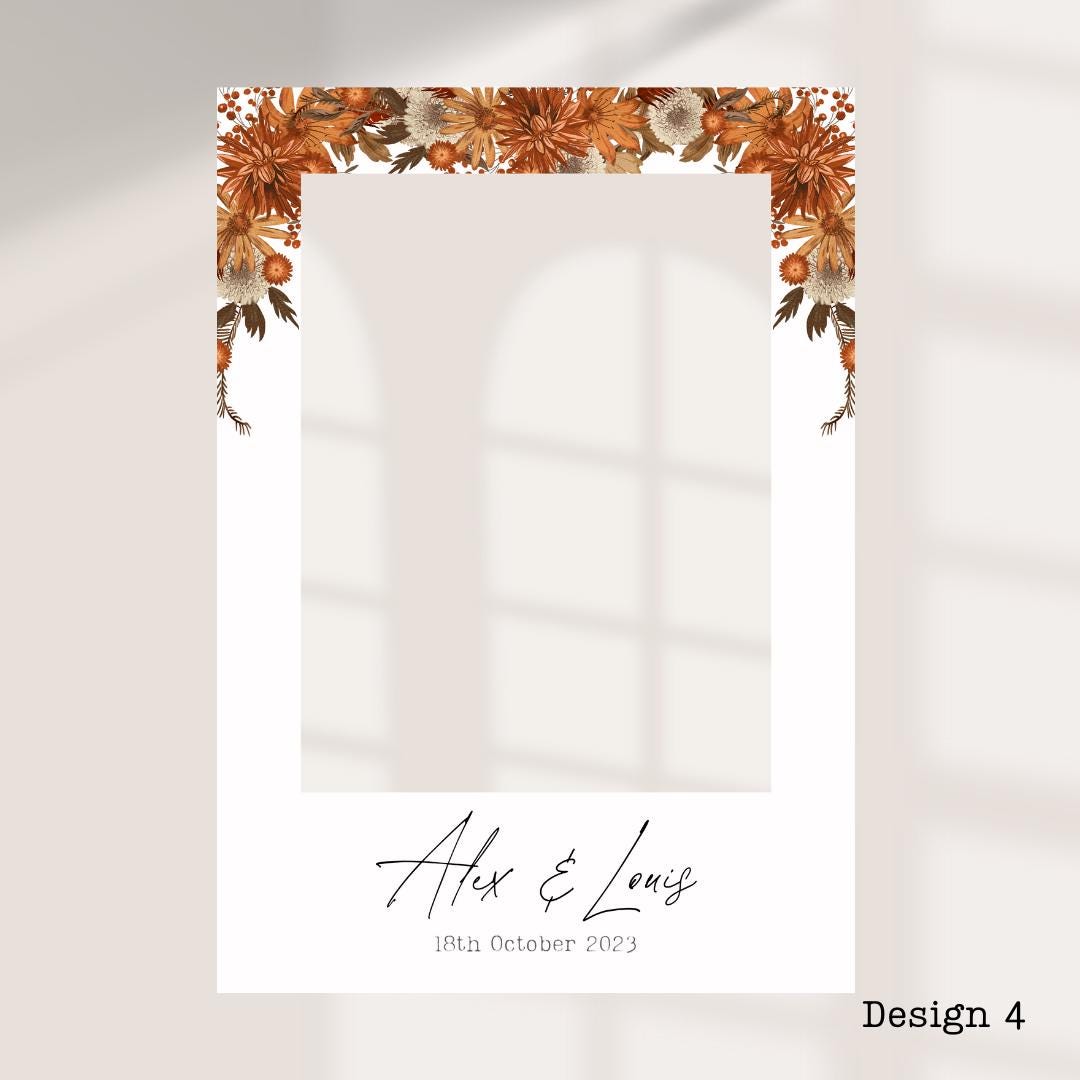 Personalised Autumn/ Fall Wedding Printed Selfie Frame: 8 Autumnal Designs - Photo Booth Prop - Customise Names & Date - Fall Wedding Decor