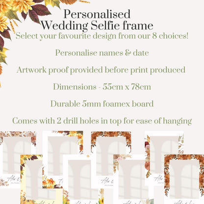 Personalised Autumn/ Fall Wedding Printed Selfie Frame: 8 Autumnal Designs - Photo Booth Prop - Customise Names & Date - Fall Wedding Decor