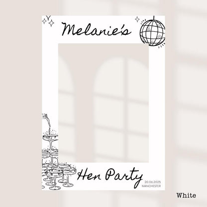 Personalised Hen Party Printed Selfie Frame: Disco Ball Champagne Tower Design - Customise Name, Venue & Date - Various Colour Options