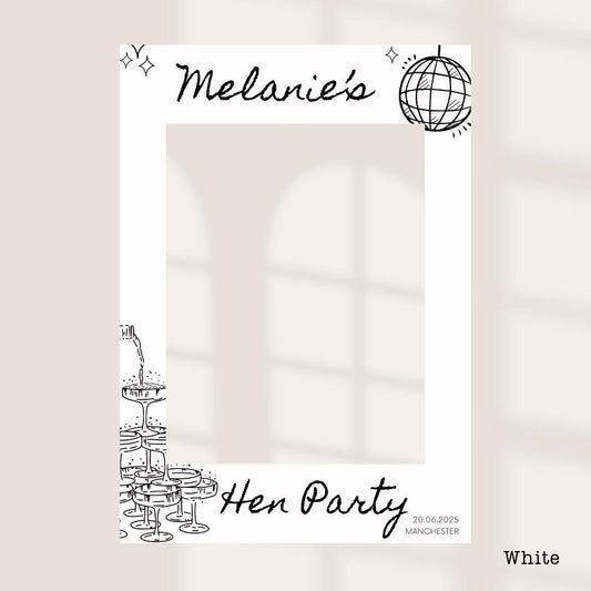 Personalised Hen Party Printed Selfie Frame: Disco Ball Champagne Tower Design - Customise Name, Venue & Date - Various Colour Options