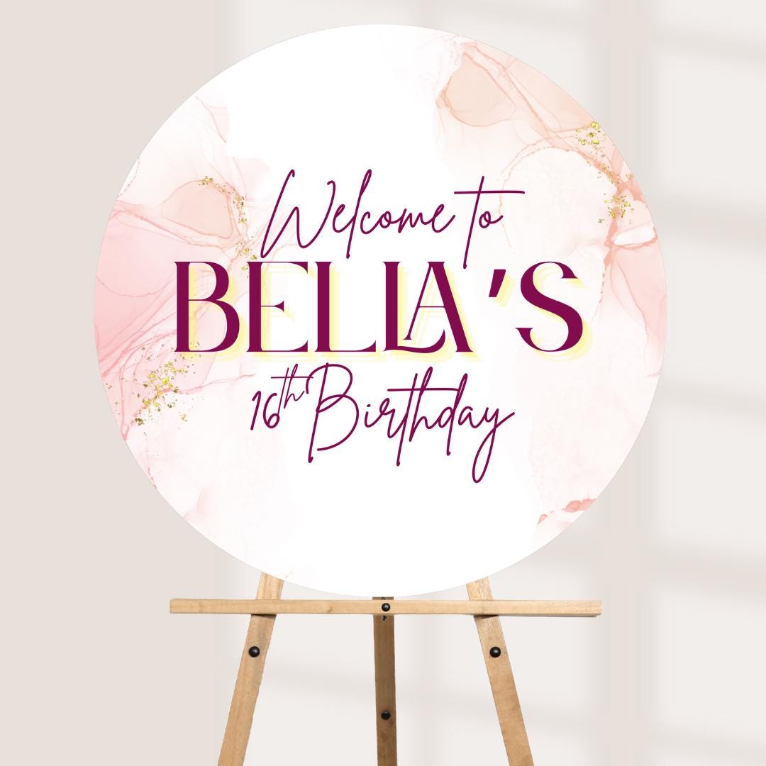 Printed Personalised Circular Birthday Welcome Sign | Pink Balloon Party Board | Custom Name & Age