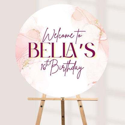 Printed Personalised Circular Birthday Welcome Sign | Pink Balloon Party Board | Custom Name & Age