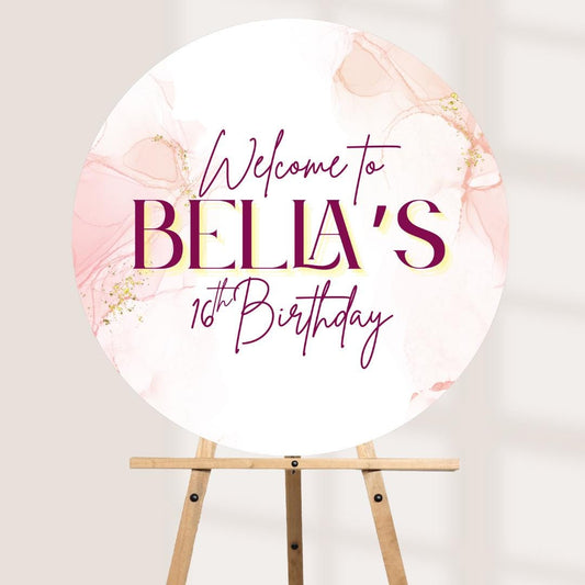 Printed Personalised Circular Birthday Welcome Sign | Pink Balloon Party Board | Custom Name & Age