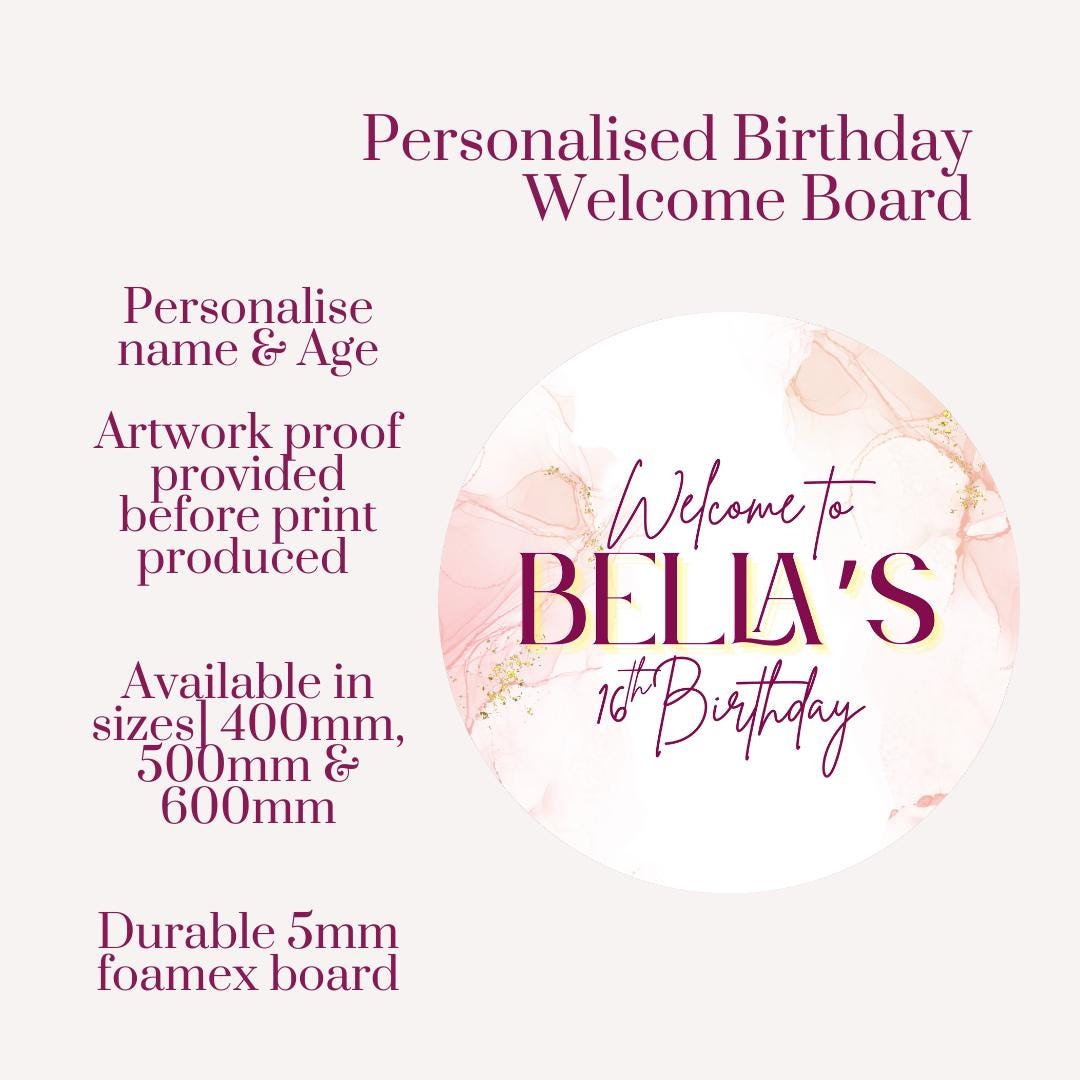 Printed Personalised Circular Birthday Welcome Sign | Pink Balloon Party Board | Custom Name & Age