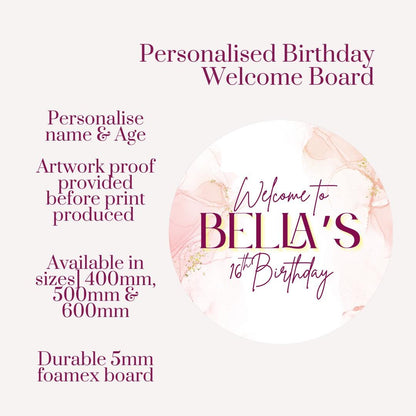 Printed Personalised Circular Birthday Welcome Sign | Pink Balloon Party Board | Custom Name & Age