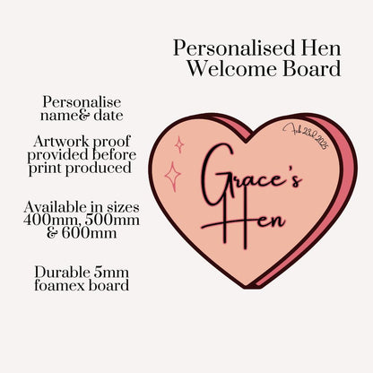 Personalised Printed Heart Hen Party Welcome Sign: Custom Bachelorette Decor