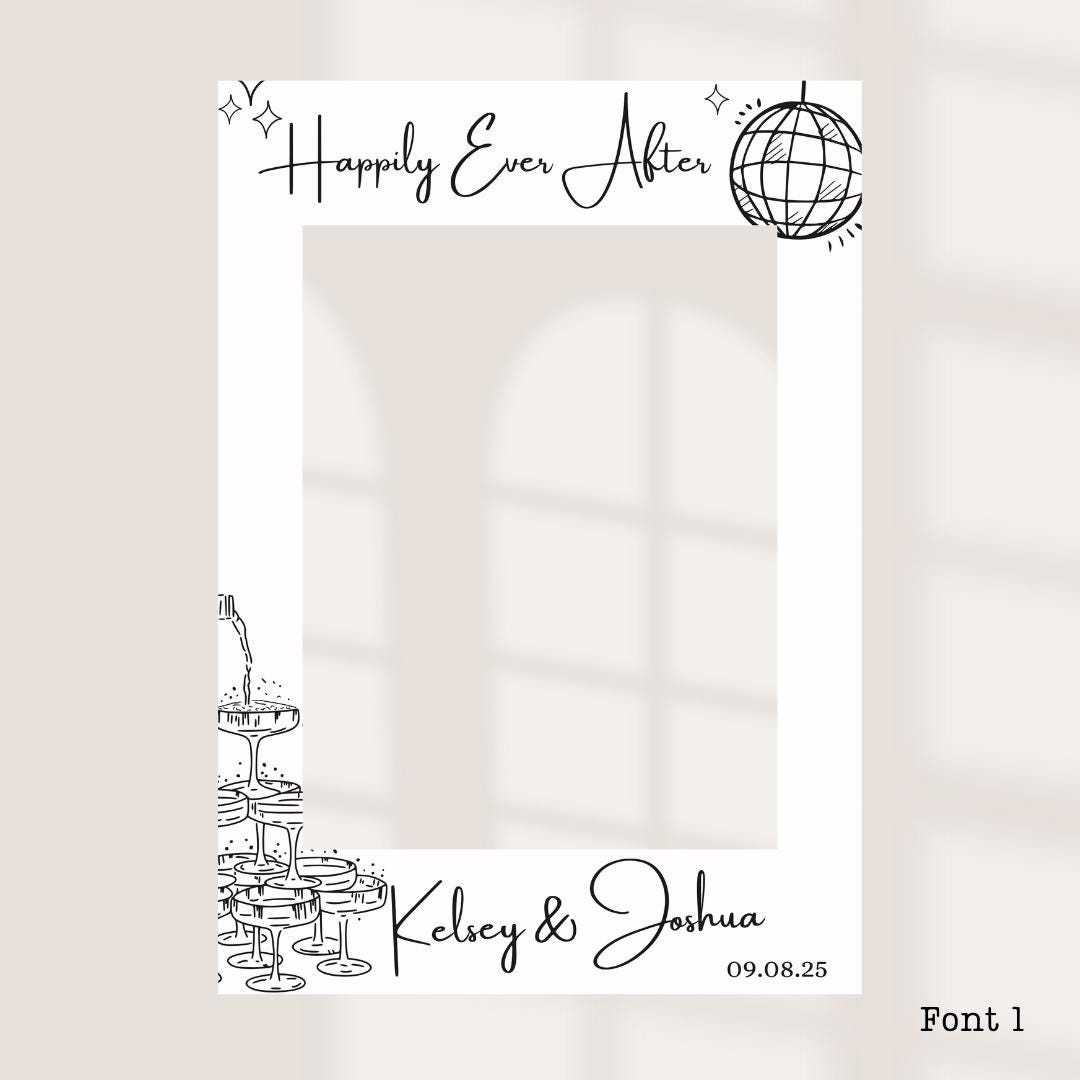 Personalised Printed Wedding Selfie Frame: Disco Ball Champagne Tower Design