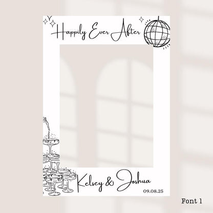 Personalised Printed Wedding Selfie Frame: Disco Ball Champagne Tower Design
