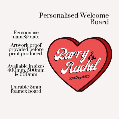 Personalised Retro Heart Wedding/Engagement Welcome Sign: Custom Names & Date - Various Sizes Available