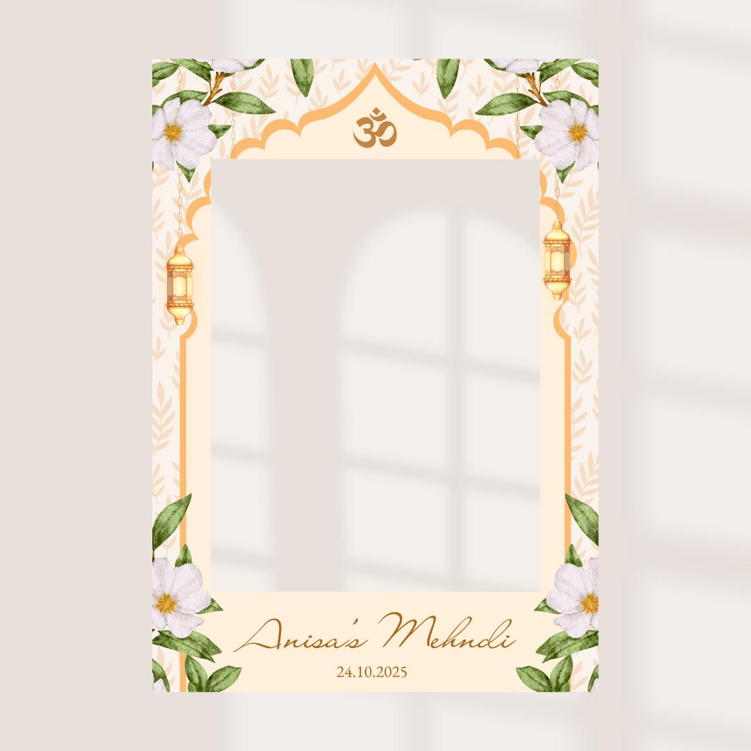 Personalised Mehndi Printed Selfie Frame: Floral Design - Henna Night Photo Booth Prop -  Customise Names & Date
