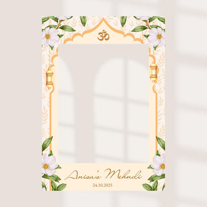 Personalised Mehndi Printed Selfie Frame: Floral Design - Henna Night Photo Booth Prop -  Customise Names & Date