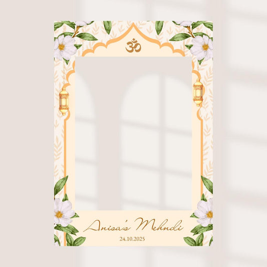 Personalised Mehndi Printed Selfie Frame: Floral Design - Henna Night Photo Booth Prop -  Customise Names & Date