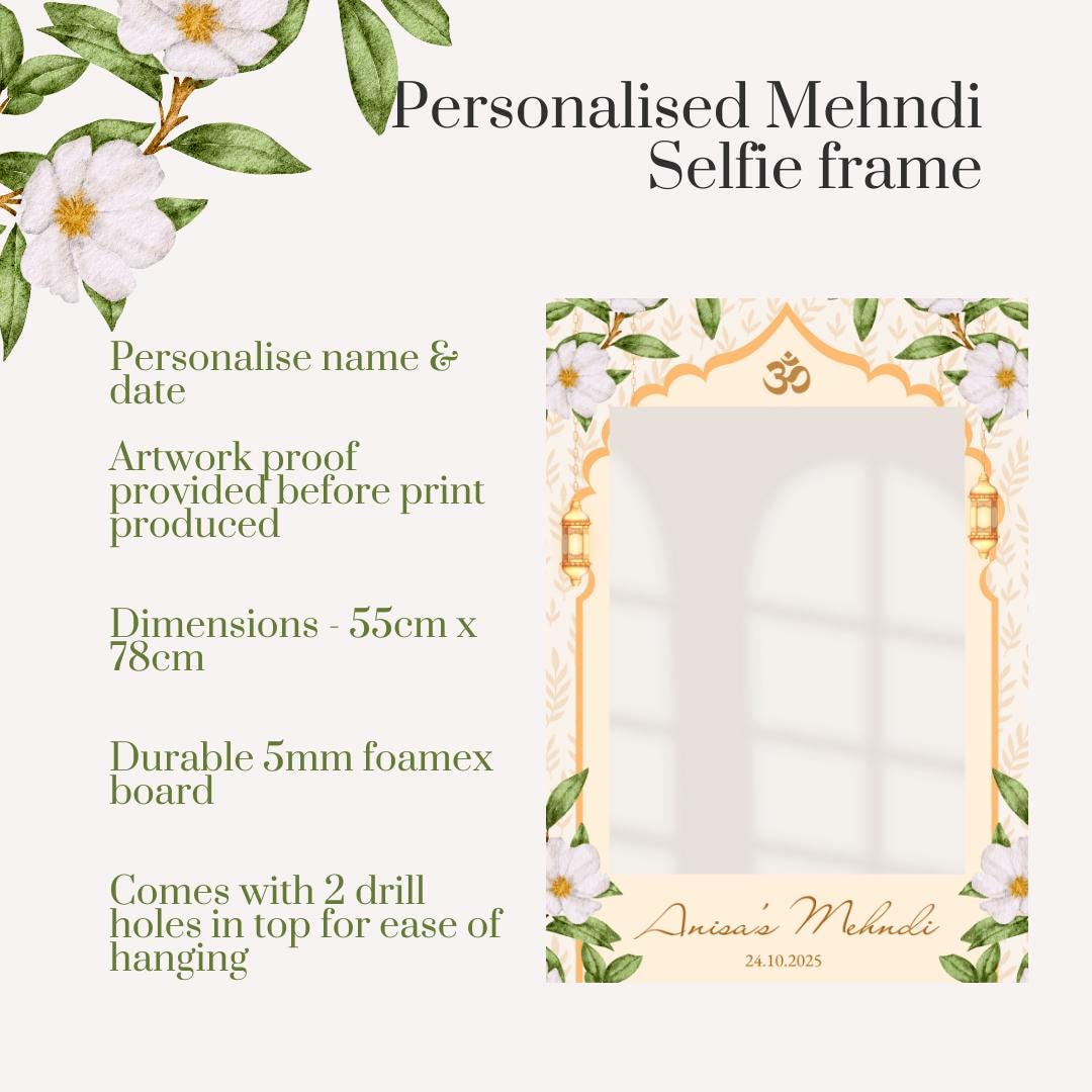 Personalised Mehndi Printed Selfie Frame: Floral Design - Henna Night Photo Booth Prop -  Customise Names & Date