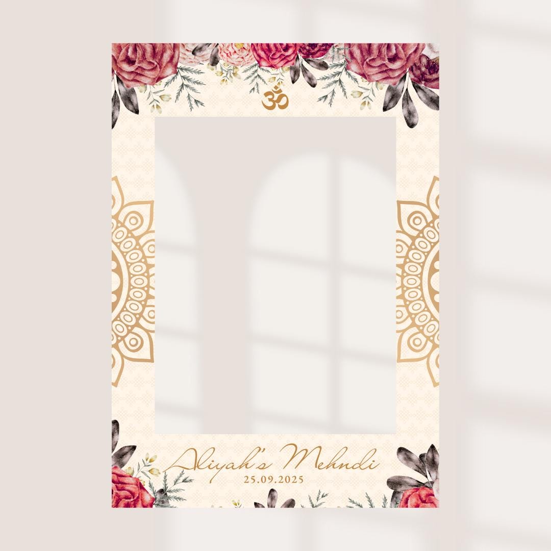 Personalised Mehndi Printed Selfie Frame: Floral Henna Design - Party Photo Booth Prop - Customise Names & Date