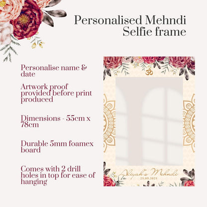 Personalised Mehndi Printed Selfie Frame: Floral Henna Design - Party Photo Booth Prop - Customise Names & Date