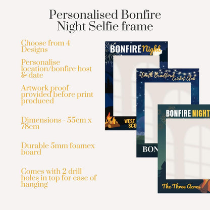 Personalised Bonfire Night Selfie Frame | Fireworks Party Photo Booth Prop | Custom Location & Date | Guy Fawkes Night Decoration