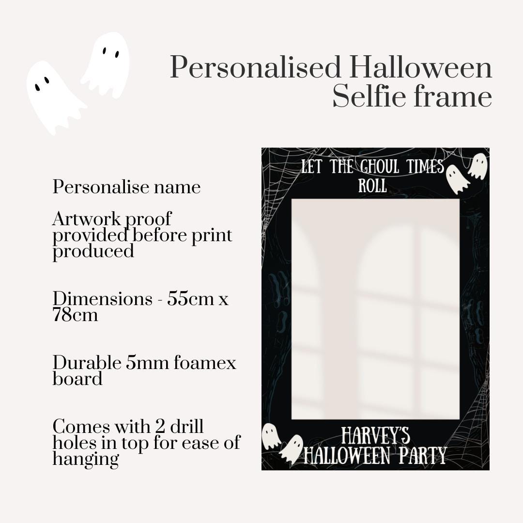 Personalised Printed Halloween Selfie Frame | Ghost Party Photo Booth Prop | Custom Name Halloween Decoration | Spooky Cobweb Selfie Board |