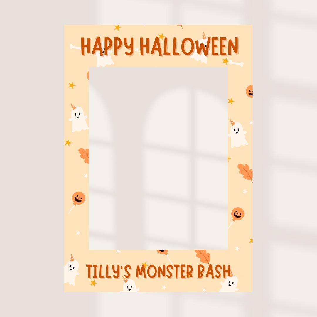 Personalised Printed Cute Halloween Selfie Frame | Kids Monster Bash Photo Booth Prop | Custom Name Ghost & Pumpkin Halloween Party Decor