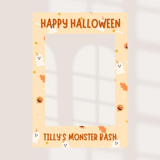 Personalised Printed Cute Halloween Selfie Frame | Kids Monster Bash Photo Booth Prop | Custom Name Ghost & Pumpkin Halloween Party Decor