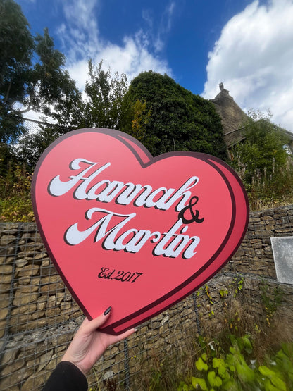 Personalised Retro Heart Wedding/Engagement Welcome Sign: Custom Names & Date - Various Sizes Available