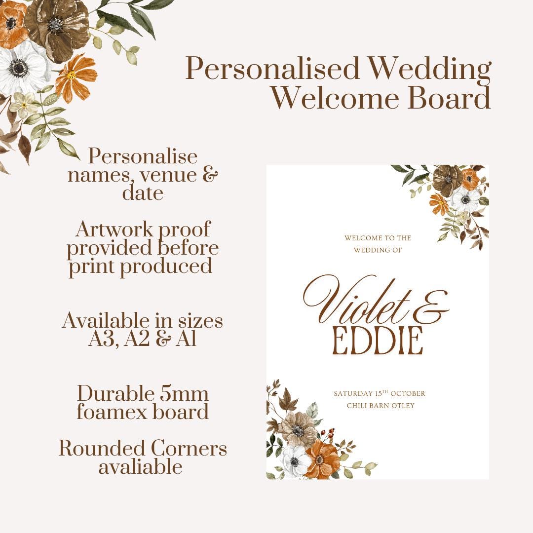 Personalised Autumn Wedding Welcome Sign | Rustic Fall Wedding Board | Custom Names Date & Venue | Barn / Woodland Wedding Decor |
