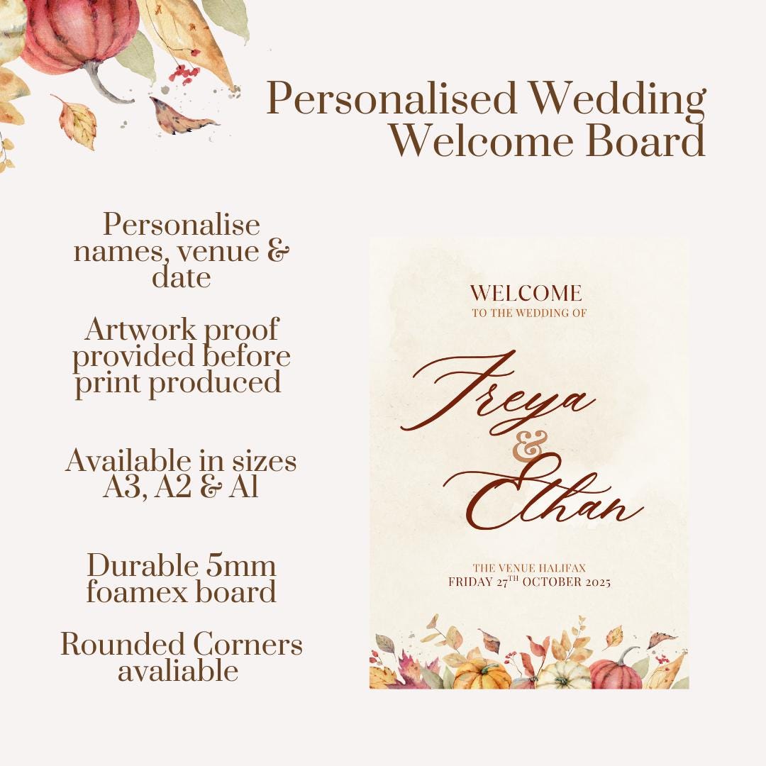 Personalised Autumn Wedding Welcome Sign | Rustic Pumpkin Fall Wedding Board | Custom Names Date & Venue | Barn Wedding Decor |