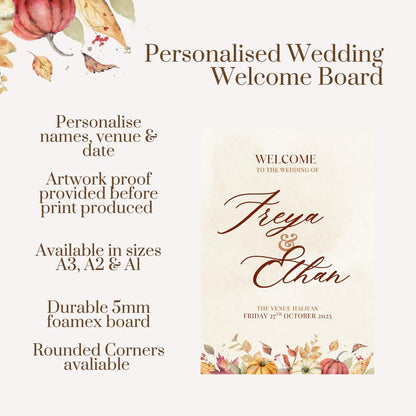Personalised Autumn Wedding Welcome Sign | Rustic Pumpkin Fall Wedding Board | Custom Names Date & Venue | Barn Wedding Decor |