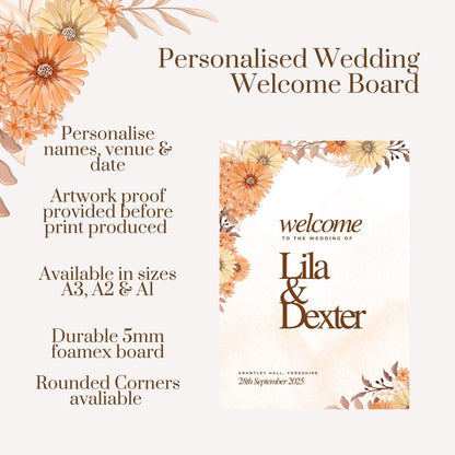 Personalised Autumn Wedding Welcome Sign | Burnt Orange Floral Wedding Sign | Custom Names, Venue & Date| Rustic Fall Wedding Decoration |
