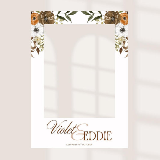 Personalised Autumn Wedding Selfie Frame | Rustic Fall Wedding Photo Prop | Custom Names & Date | Burnt Orange / Neutral Florals |