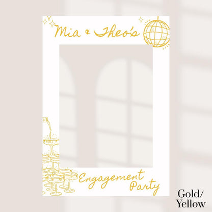 Printed Personalised Engagement Party Selfie Frame – Disco Ball & Champagne Tower Design – Custom Names – 55x78cm – Foamex Photo Prop