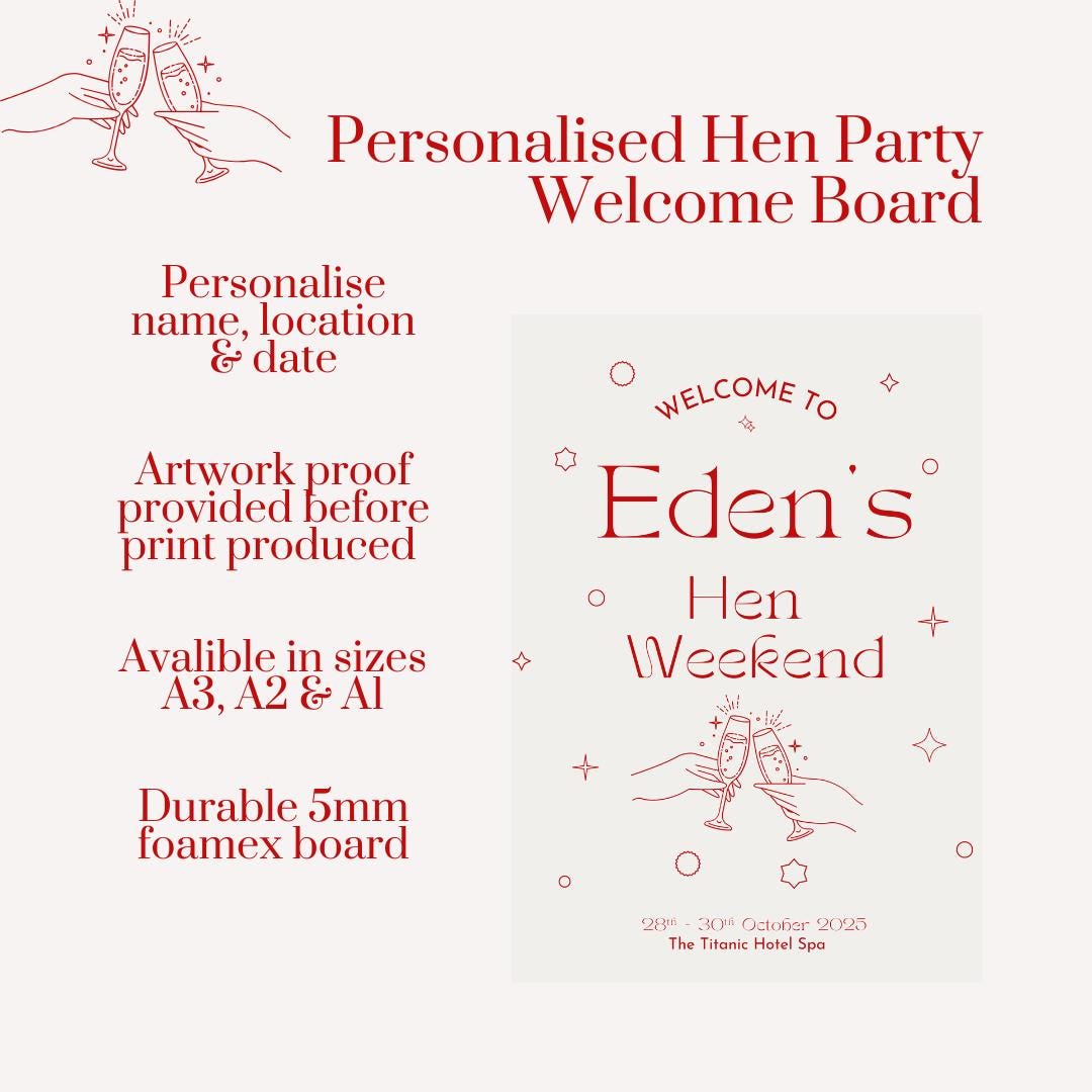 Personalised Hen Party Welcome Sign | Custom Hen Weekend Board | Bachelorette Party Decoration | Elegant Minimalist Hen Do Sign | A3, A2, A1