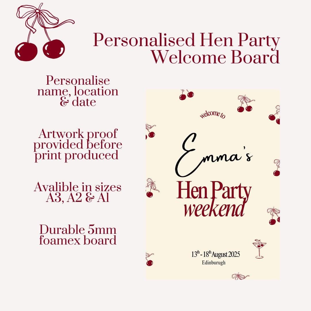 Personalised Hen Party Welcome Sign | Cherry Hen Weekend Sign | Custom Name, Date & Location | Hen Do Decoration | A3, A2, A1 Printed Board