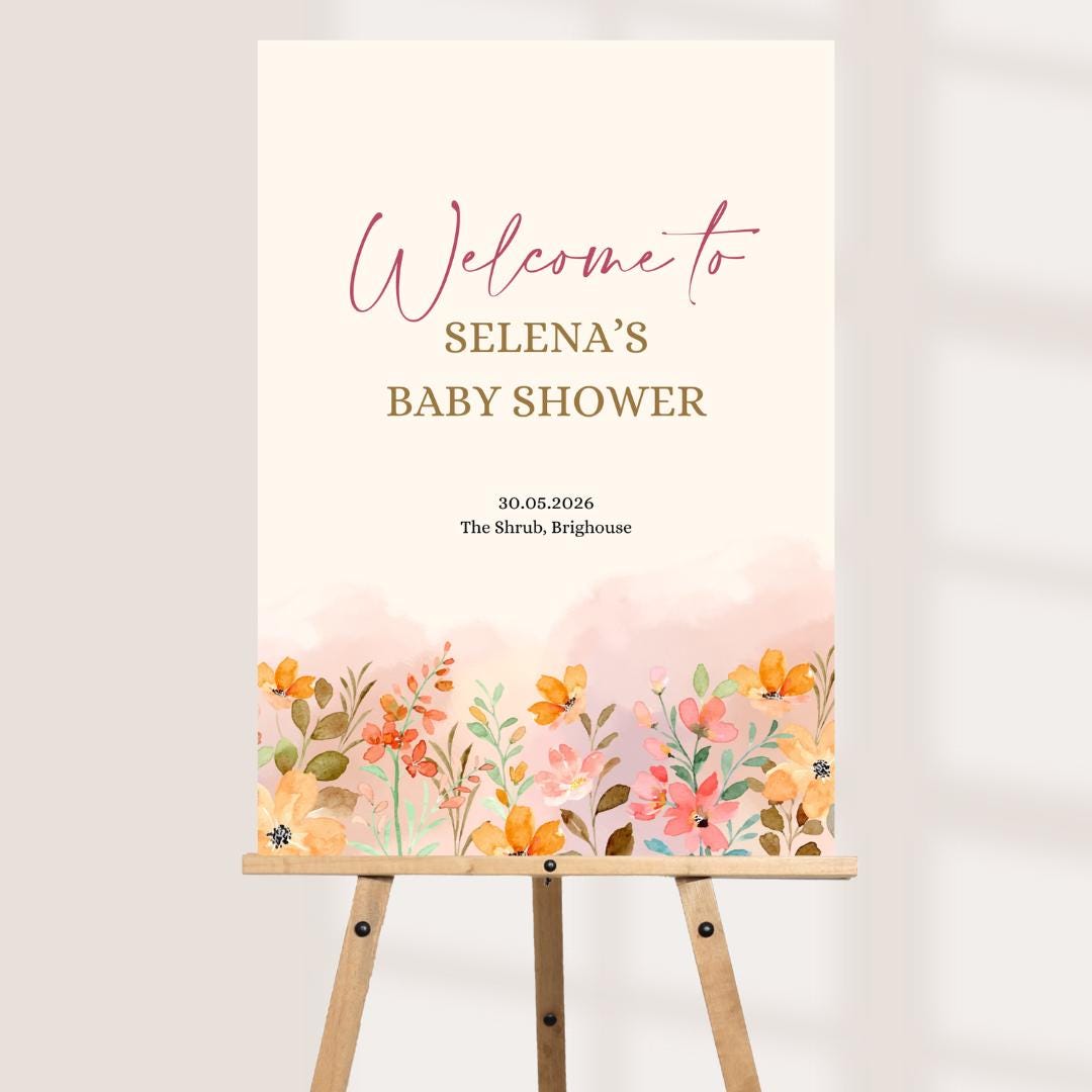 Personalised Printed Floral Baby Shower Welcome Sign: Soft Floral, Custom Baby Shower Board
