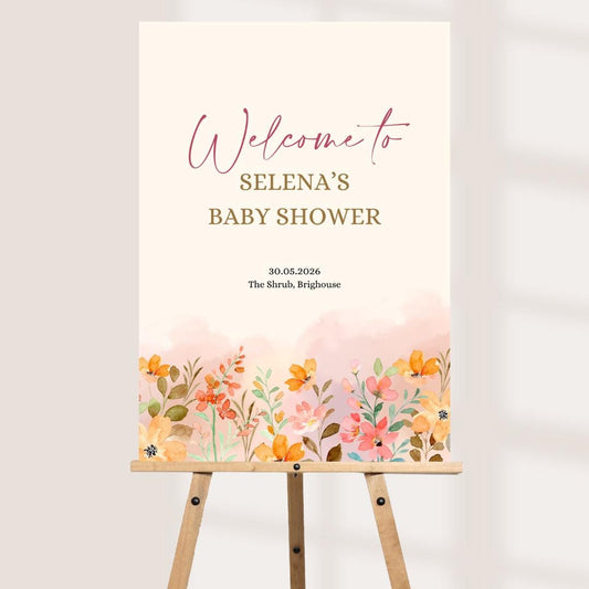 Personalised Printed Floral Baby Shower Welcome Sign: Soft Floral, Custom Baby Shower Board