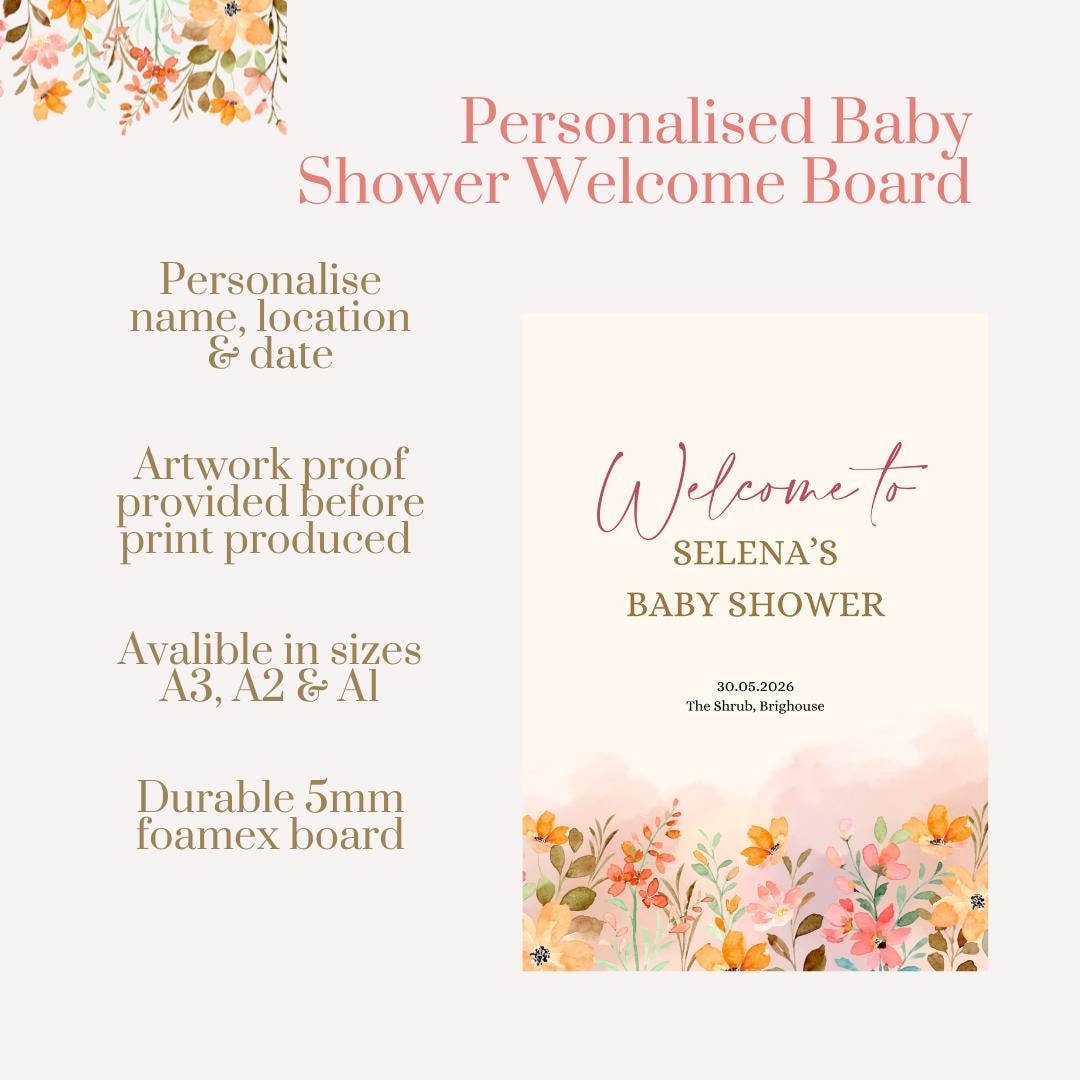 Personalised Printed Floral Baby Shower Welcome Sign: Soft Floral, Custom Baby Shower Board