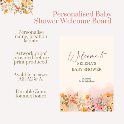 Personalised Printed Floral Baby Shower Welcome Sign: Soft Floral, Custom Baby Shower Board