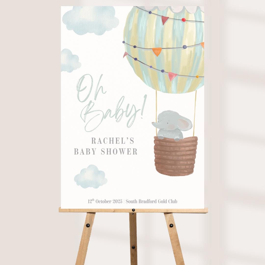 Personalised Baby Shower Welcome Sign | Hot Air Balloon Baby Shower Decoration | Gender Neutral Baby Shower Board | Custom Name & Date |