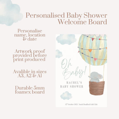 Personalised Baby Shower Welcome Sign | Hot Air Balloon Baby Shower Decoration | Gender Neutral Baby Shower Board | Custom Name & Date |