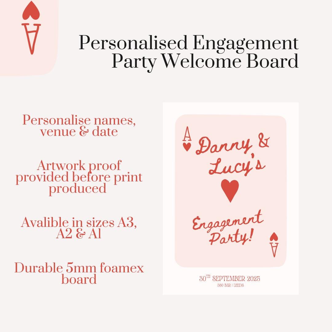 Personalised Engagement Party Welcome Sign | Playing Card Theme Engagement Board | Red Heart Engagement Party Decoration | Various Sizes