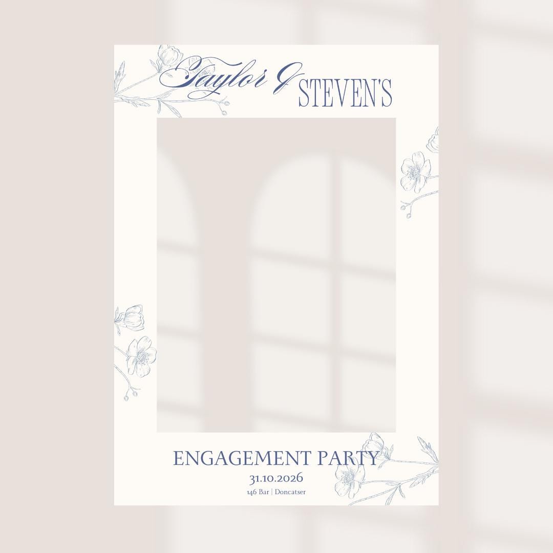 Personalised Engagement Party Selfie Frame | Custom Name, Date & Venue | Elegant Blue Floral Design | Engagement Party Photo Booth Prop