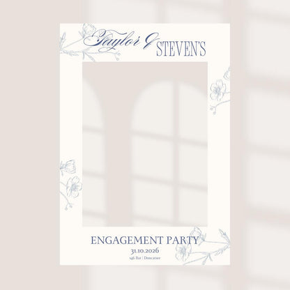 Personalised Engagement Party Selfie Frame | Custom Name, Date & Venue | Elegant Blue Floral Design | Engagement Party Photo Booth Prop
