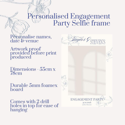 Personalised Engagement Party Selfie Frame | Custom Name, Date & Venue | Elegant Blue Floral Design | Engagement Party Photo Booth Prop
