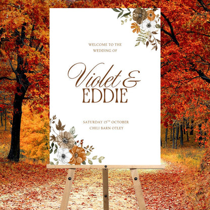 Personalised Autumn Wedding Welcome Sign | Rustic Fall Wedding Board | Custom Names Date & Venue | Barn / Woodland Wedding Decor |