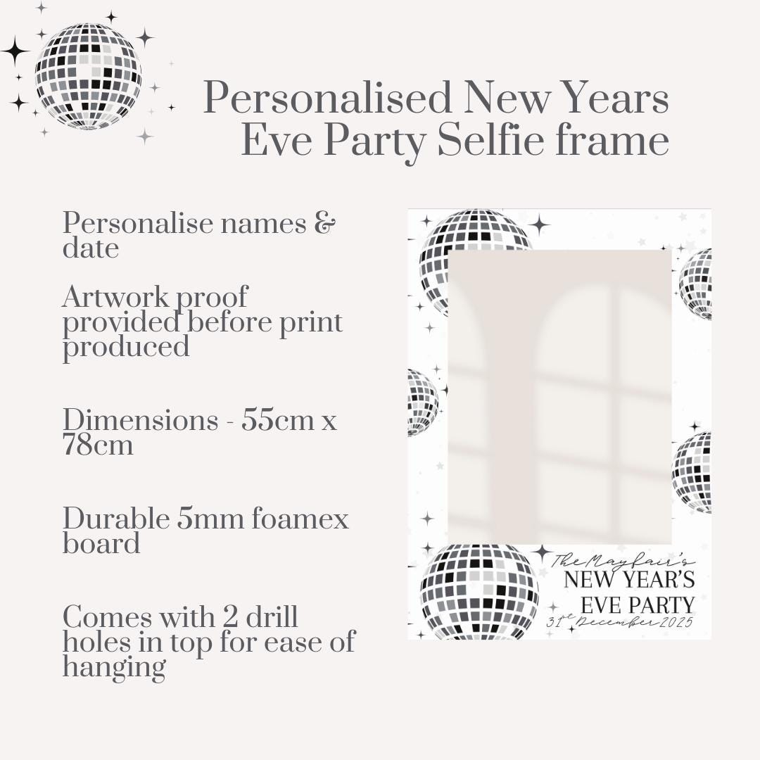 Personalised New Year’s Eve Party Selfie Frame | Custom Names & Date | Disco Ball NYE Photo Prop | Printed Foamex Board - NYE Party Decor
