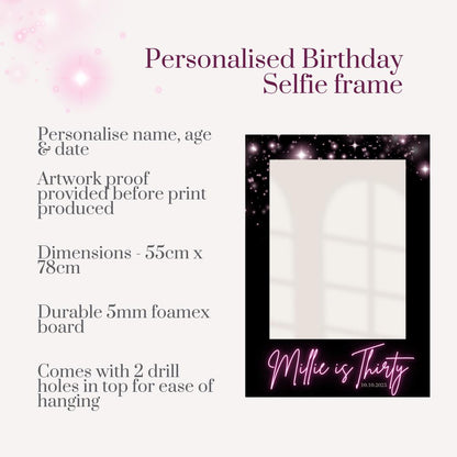 Personalised Neon Style Birthday Selfie Frame | Custom Party Photo Prop | Milestone Birthday Party Decoration | Black & Pink Design