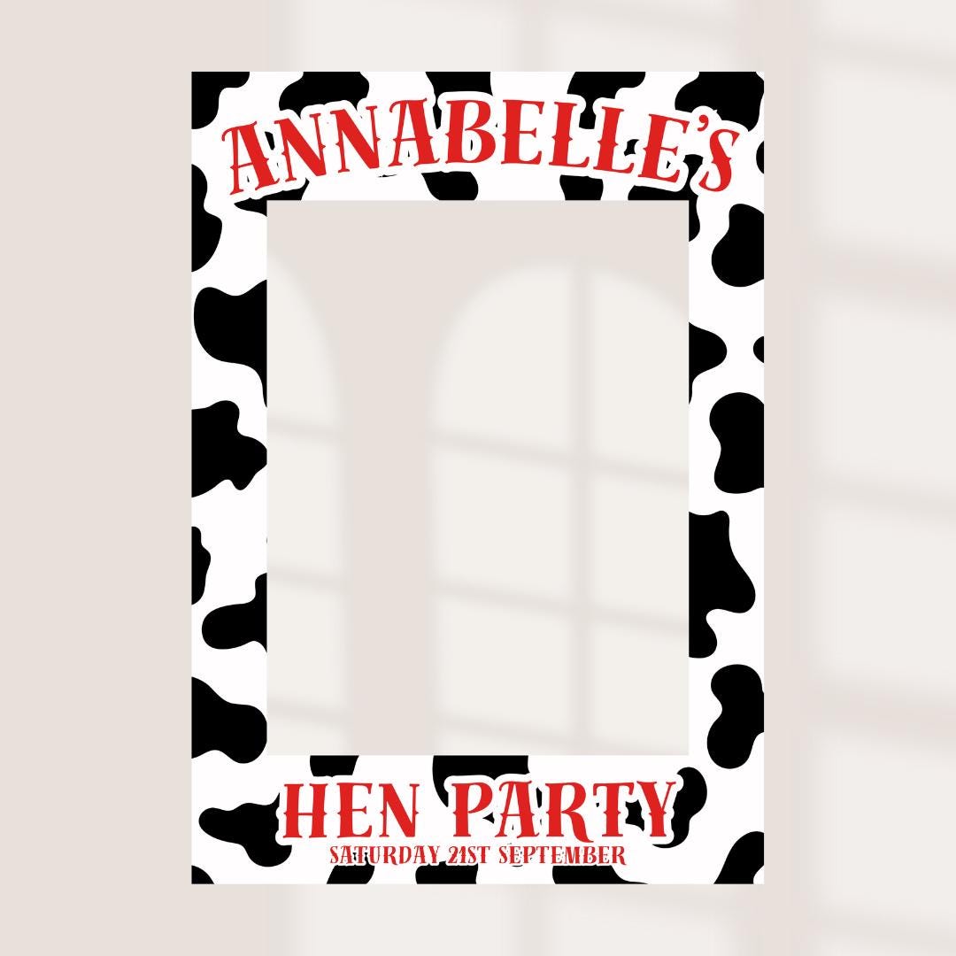 Personalised Cow Print Hen Party Selfie Frame | Last Rodeo Photo Booth Prop | Western Hen Do Decorations | Custom Name &