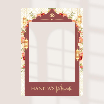 Personalised Mehndi Printed Selfie Frame: Floral Lantern Design - Henna Party Photo Booth Prop - Customise Name & Date