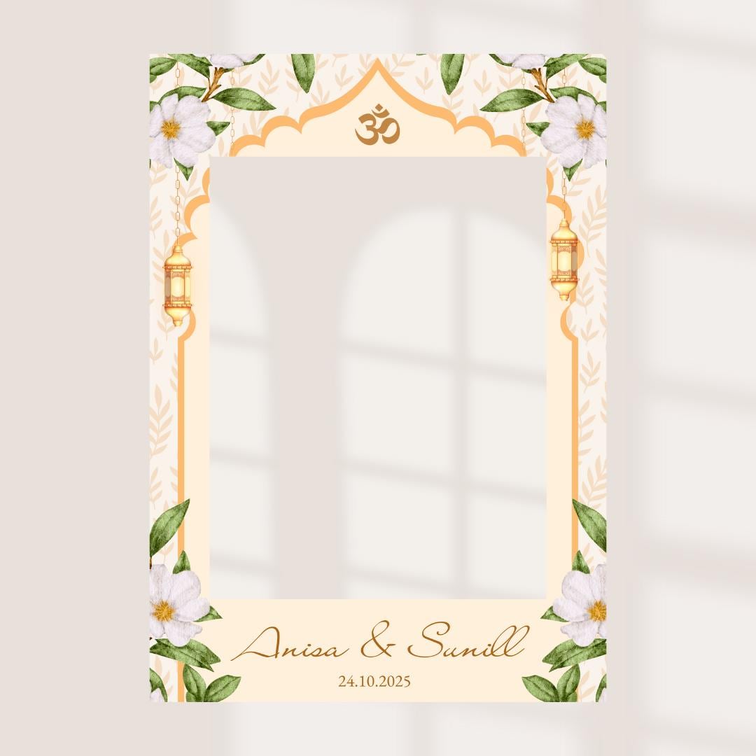 Personalised Nikah Walima Printed Selfie Frame: Floral Lantern Design Wedding Photo Booth Prop - Customise Names & Date