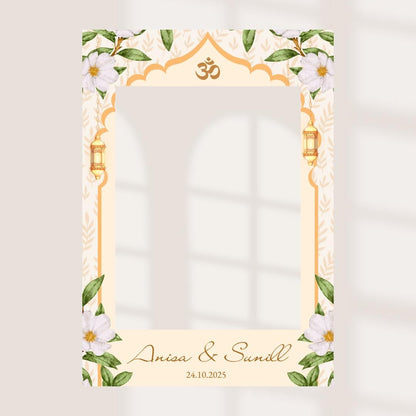 Personalised Nikah Walima Printed Selfie Frame: Floral Lantern Design Wedding Photo Booth Prop - Customise Names & Date